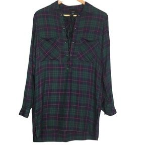 Lumière Tartan Plaid Long Sleeve Lace Up Patch Pocket Blouse